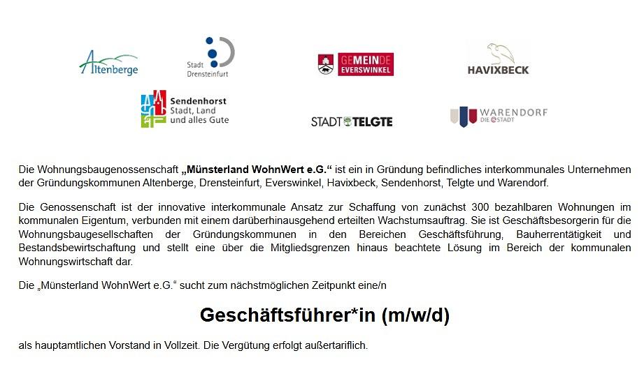 Stellenanzeige der Wohnungsbaugenossenschaft 