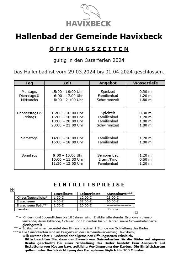 Öffnungszeiten des Hallenbades in den Osterferien