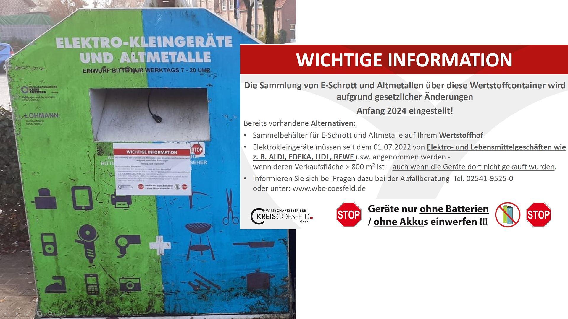 Sammlung von Elektrokleingeräten und Altmetall wird eingestellt