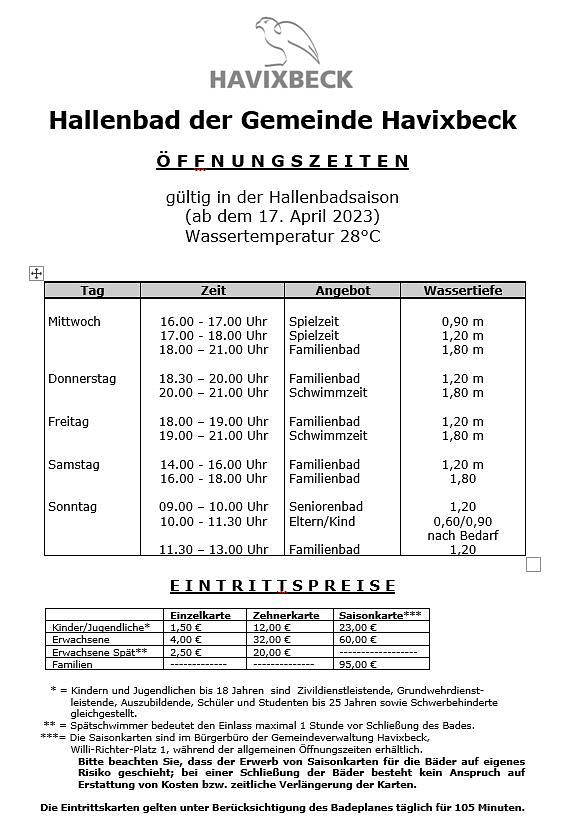 Öffnungszeiten Hallenbad