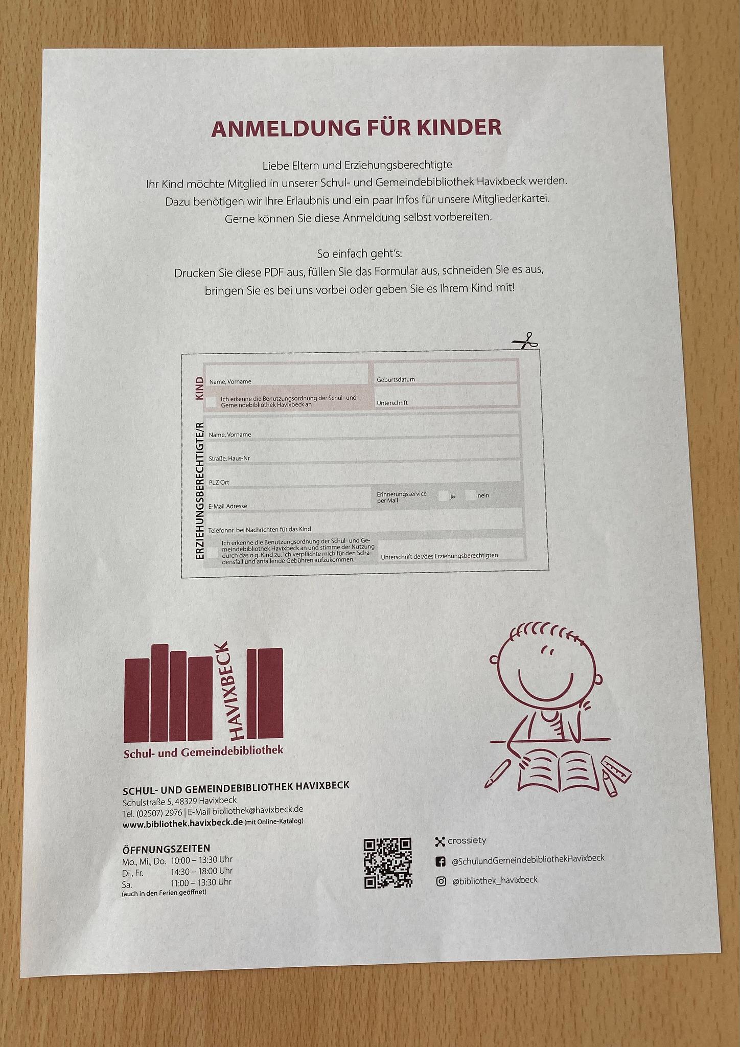 Anmeldeformular für Kinder auf der Homepage der Gemeindebibliothek