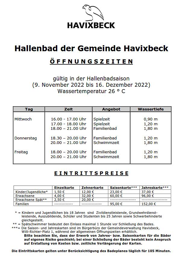 Öffnungszeiten Hallenbad 9.11.2022 bis 16.12.2022