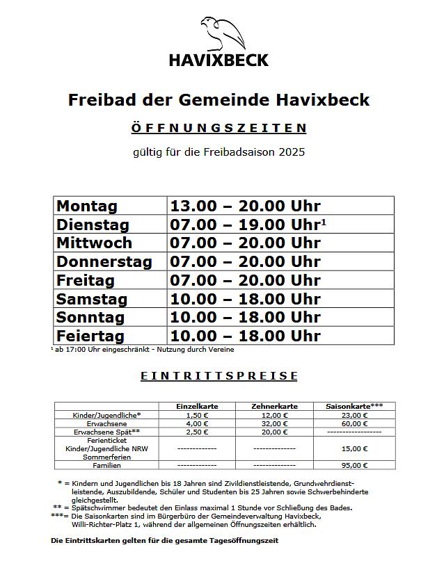 Geänderte Öffnungszeiten Freibad Havixbeck in der nächsten Woche