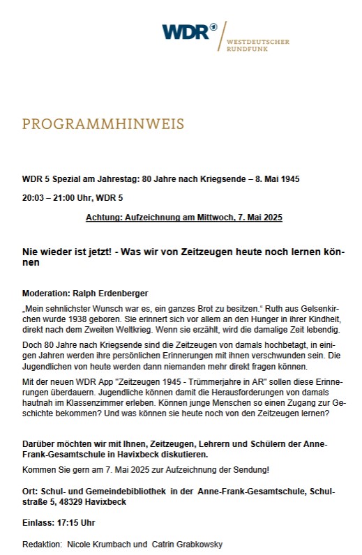 WDR 5 zum Jahrestag 80 Jahre nach Kriegsende - 08. Mai 1945