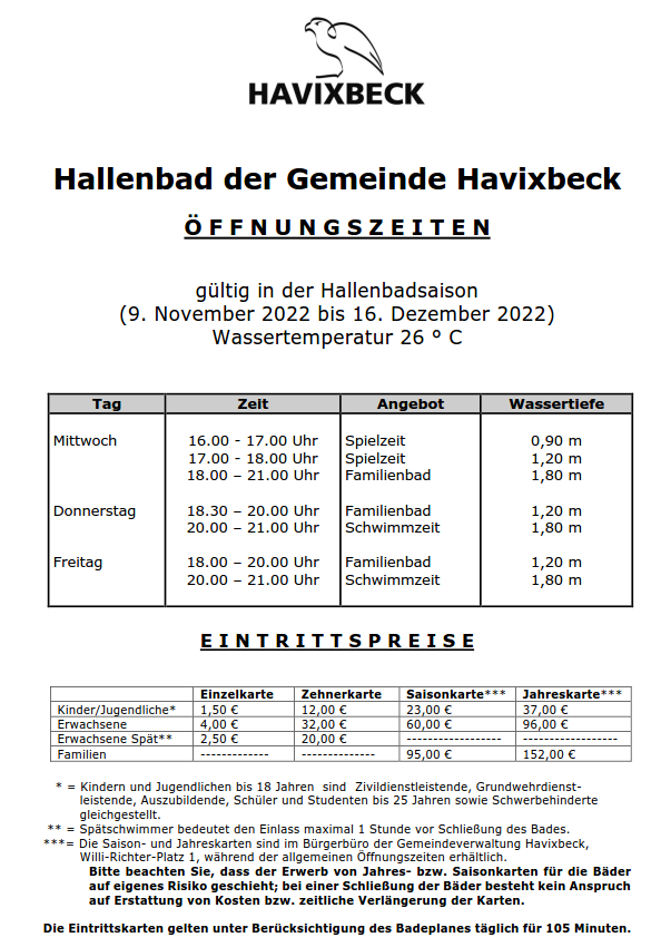 Öffnungszeiten Hallenbad 9.11.2022 bis 16.12.2022